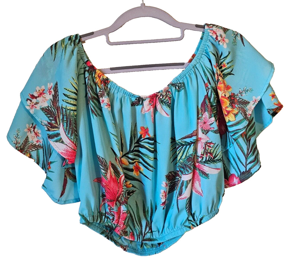 She + Sky Women Off Shoulder Crop Top Large Blue Tropical Floral Flutter Sleeve